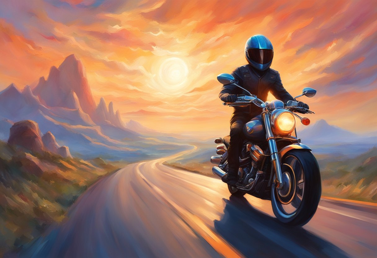 A motorcycle cruising smoothly on an open highway with the cruise control engaged, maintaining a steady speed without any jerking or sudden changes