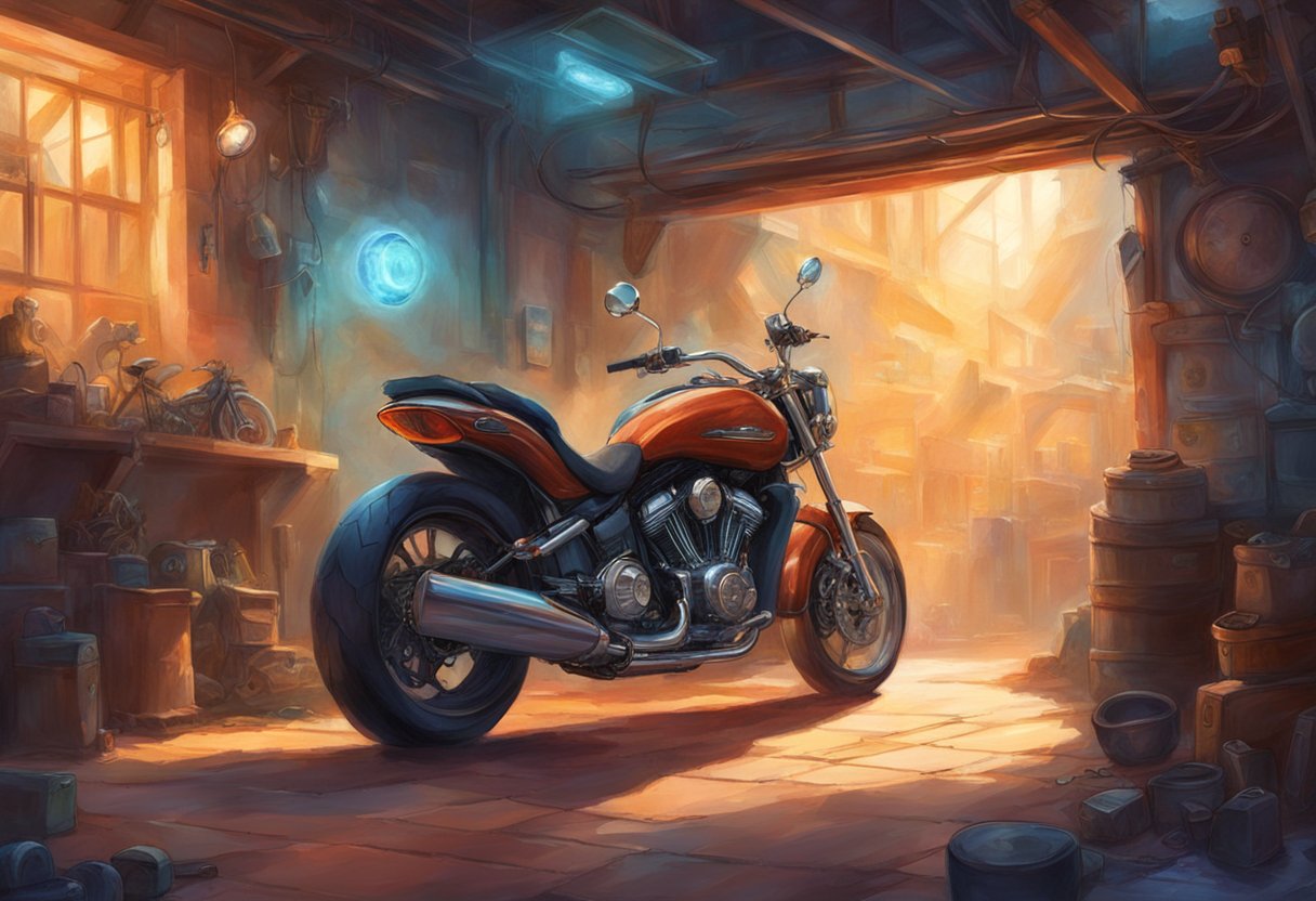 A motorcycle parked in a garage with a malfunctioning cruise control system, with the rider consulting a professional mechanic for help