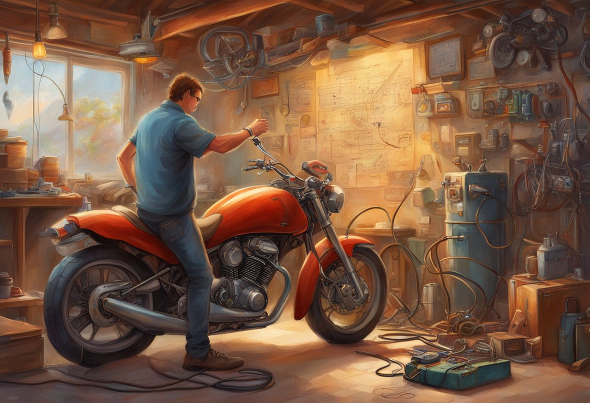 A motorcycle with a non-functional horn is parked in a garage. A person is holding a multimeter and checking the electrical connections on the motorcycle. The motorcycle's wiring diagram is taped to the wall for reference