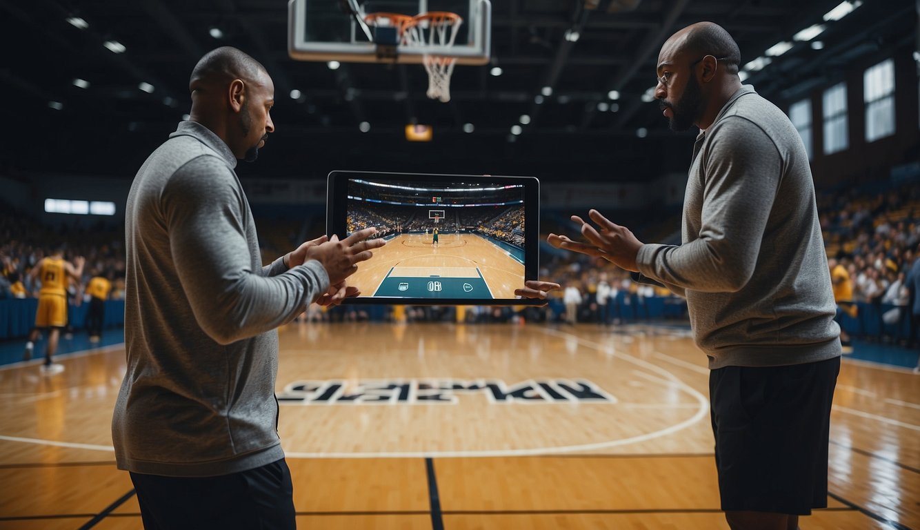 A basketball court with two hoops, players in motion, and a coach analyzing statistics on a tablet