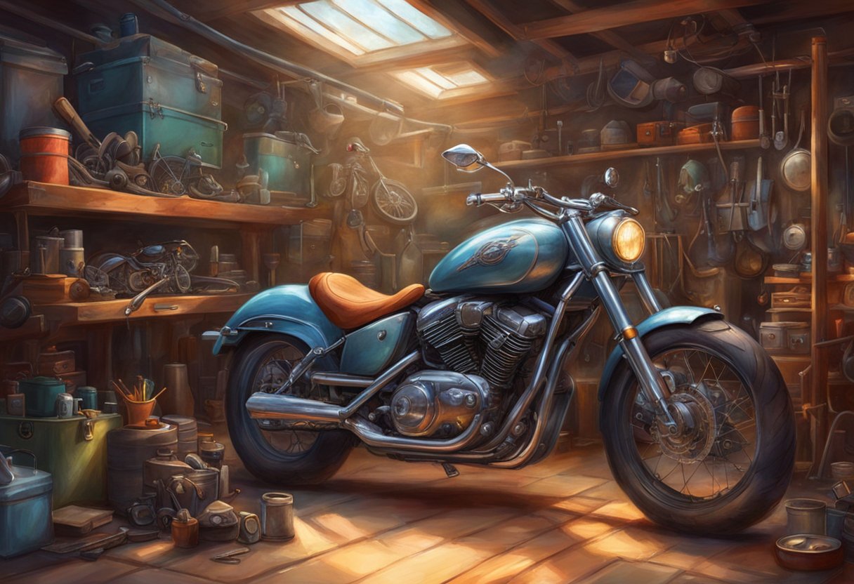 A motorcycle parked in a garage with diagnostic tools and equipment spread out on a workbench