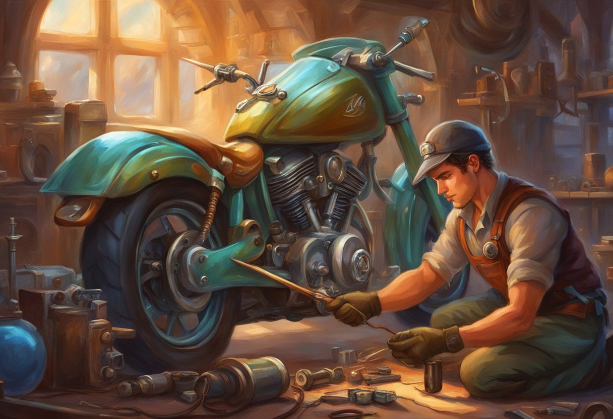 A mechanic is fixing a motorcycle horn using a multimeter and a new horn