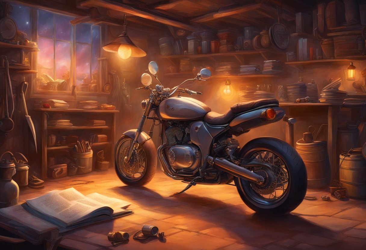 A motorcycle parked in a dimly lit garage with a rider's manual open to a page on troubleshooting heated grips. Tools and parts scattered nearby