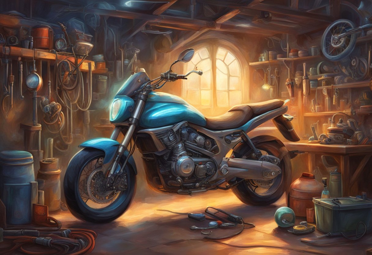 A motorcycle parked in a garage with tools and equipment nearby. A technician is performing preventive maintenance on the electronic systems of the motorcycle