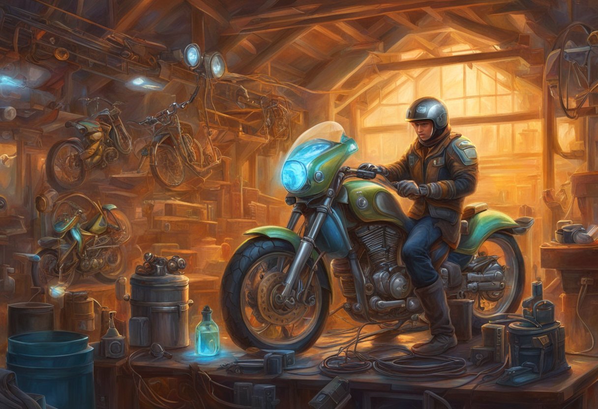 A motorcycle mechanic adjusts electronic components to improve performance