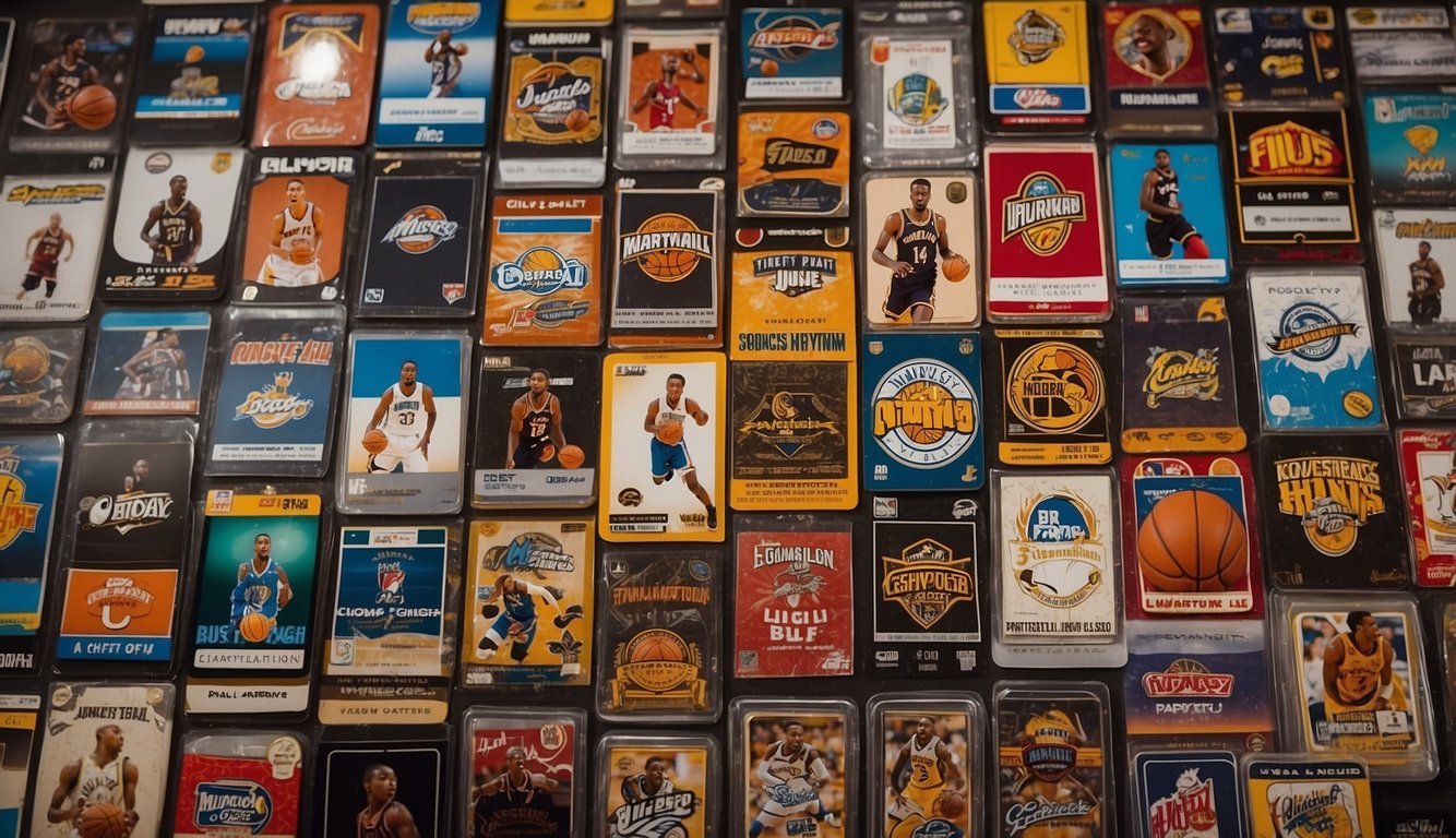 A display of popular basketball card brands and series, with rare cards visibly marked for identification