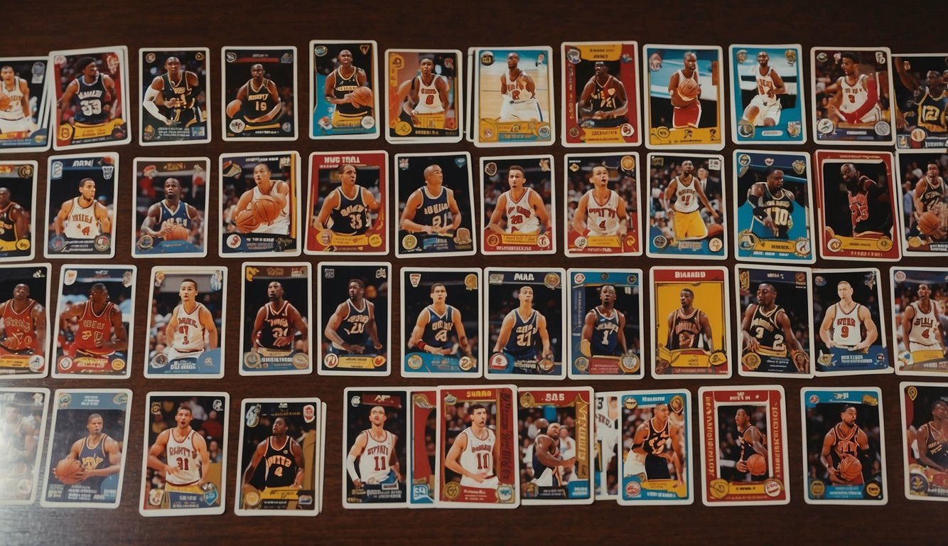 A display of basketball cards featuring notable players and rookie cards, with a focus on identifying rare cards through distinct markings and limited edition numbers