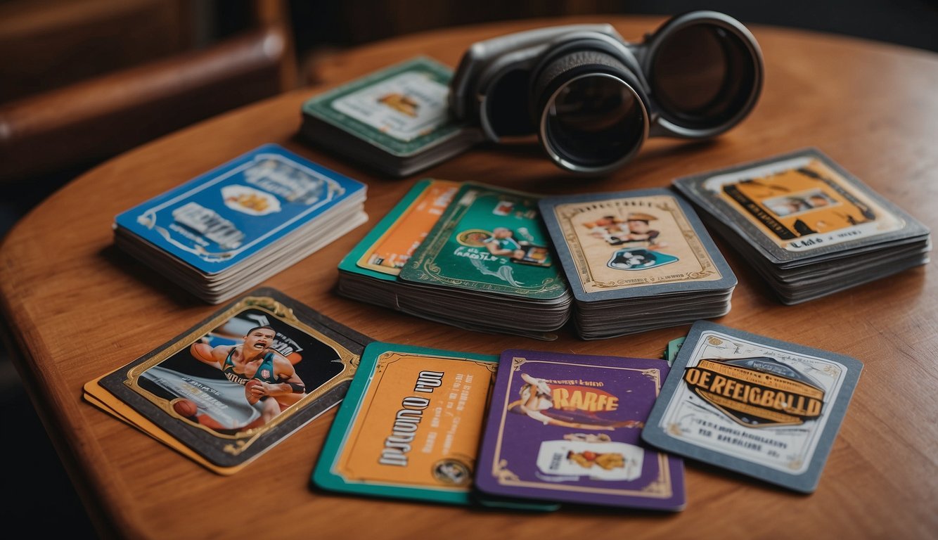 A table with a magnifying glass and a stack of basketball cards. Some cards are labeled "rare" and "limited edition." A price guide book is open nearby