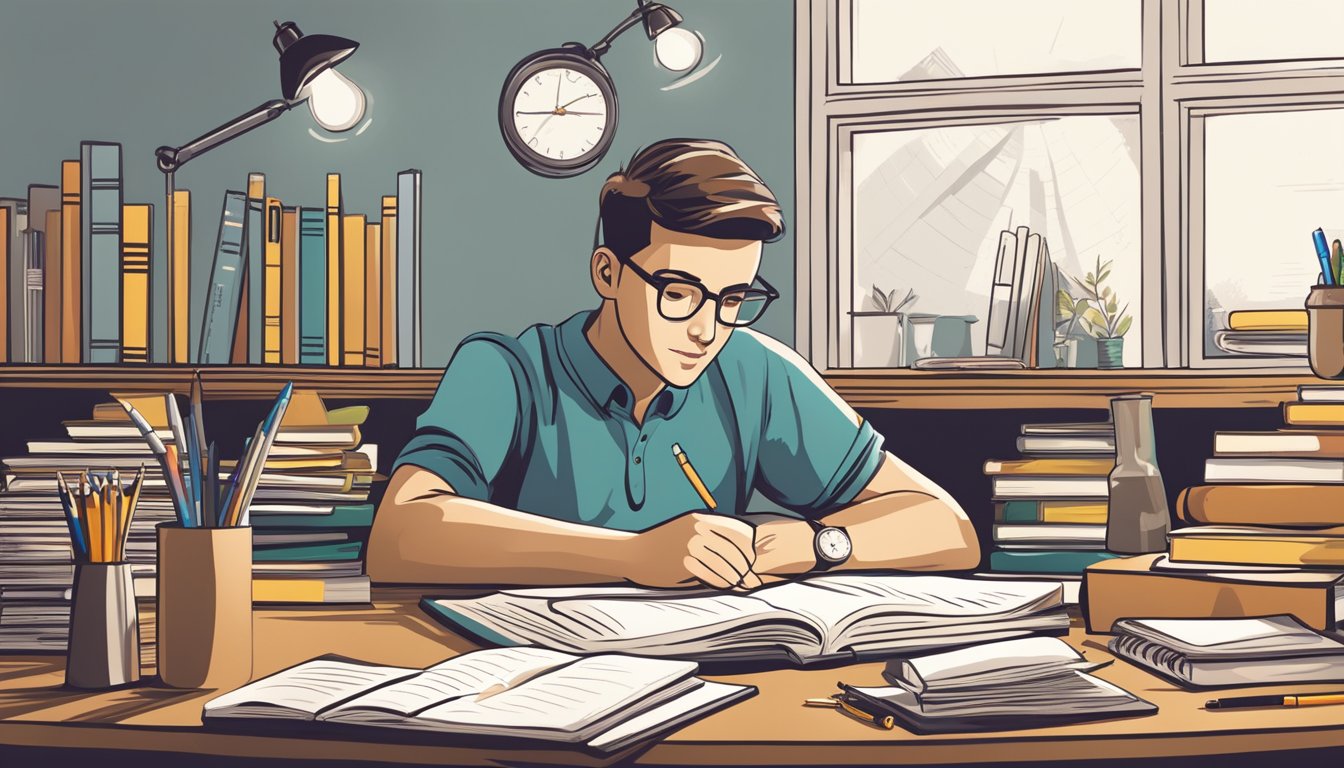 A student sits at a desk, surrounded by textbooks and notebooks. A lightbulb hovers above their head, representing the idea of learning and education. A pencil and ruler are also on the desk, indicating study and discipline