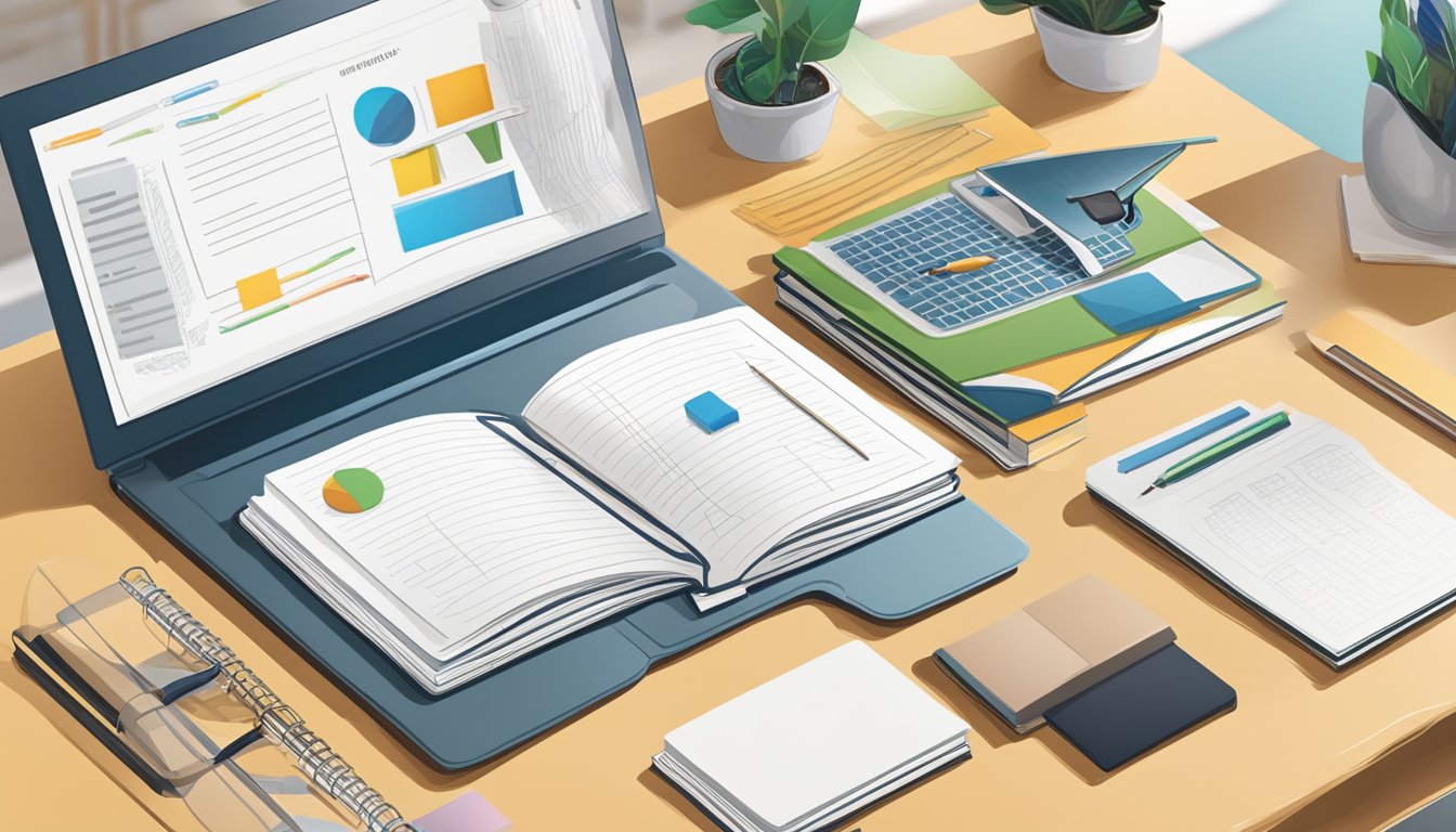 A desk with a laptop, textbooks, and a pencil. A flyer design for tuition in the background