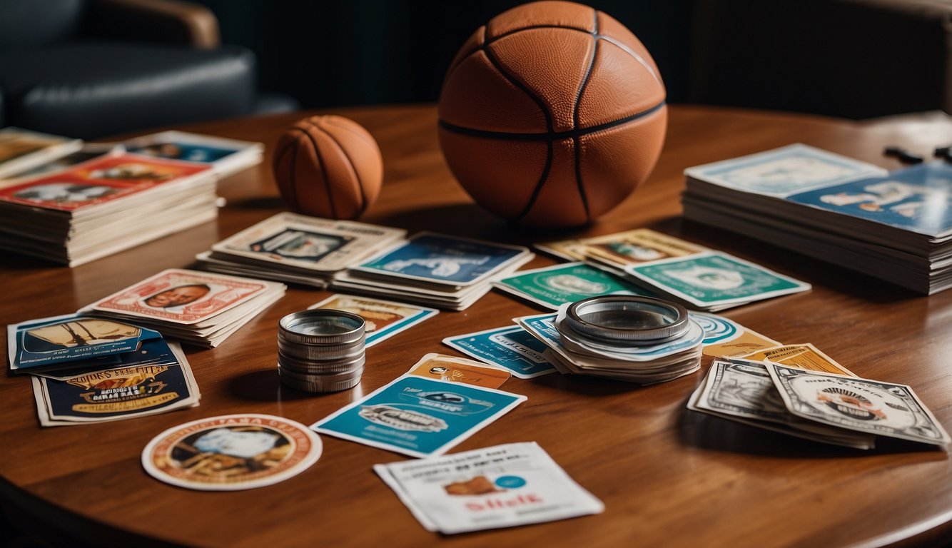 A table with a magnifying glass, a price guide, and a stack of basketball cards. Some cards are labeled "rare" while others are common