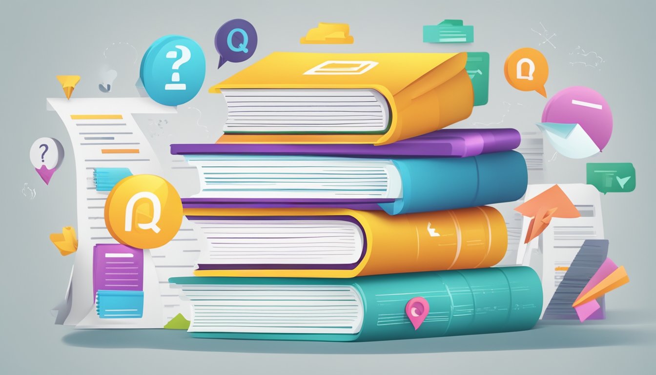 A stack of colorful flyers with "Frequently Asked Questions" and "Tuition" text, surrounded by educational icons and symbols