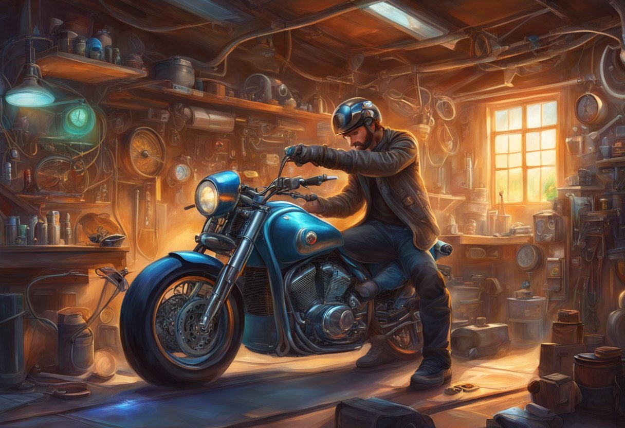 A motorcycle with digital gauges sits in a garage. A mechanic is working on the electrical system, using tools and testing the gauges for erratic behavior