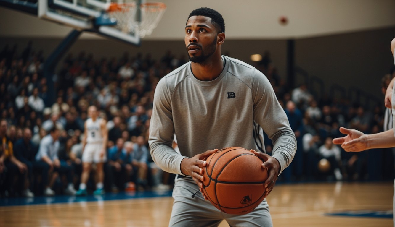 A basketball bouncing off the rim, a player's determined expression, and a coach offering guidance on managing frustration