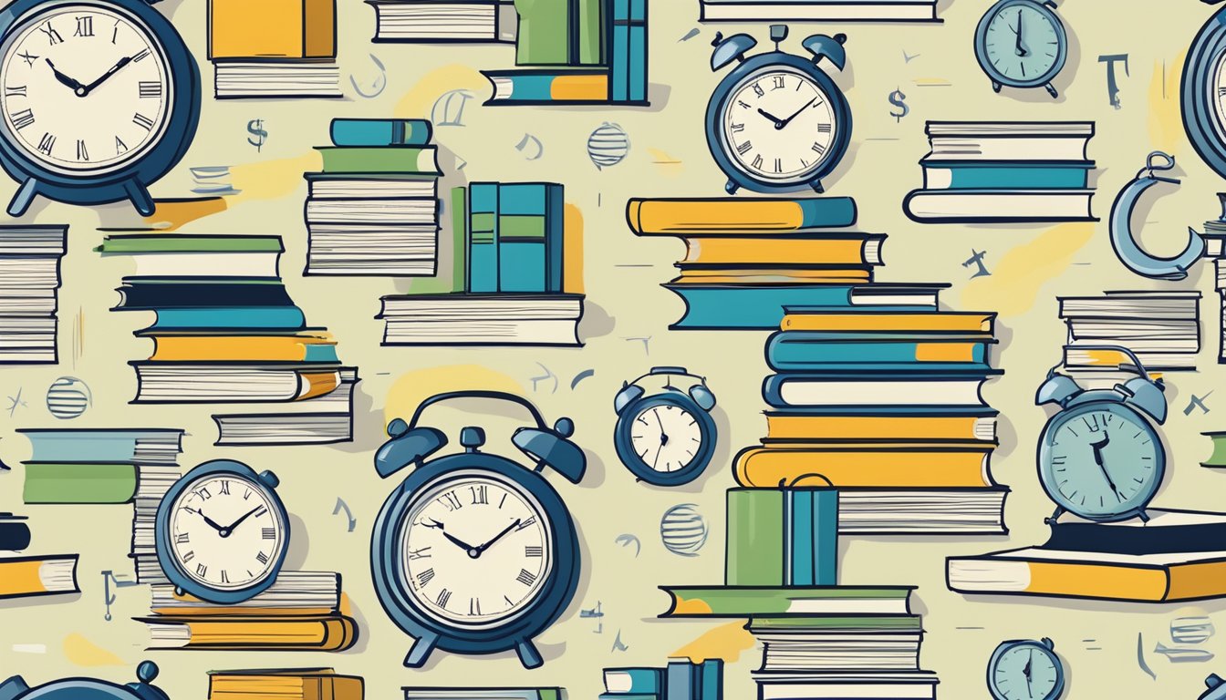 A clock with dollar signs in place of numbers, surrounded by books and a pencil