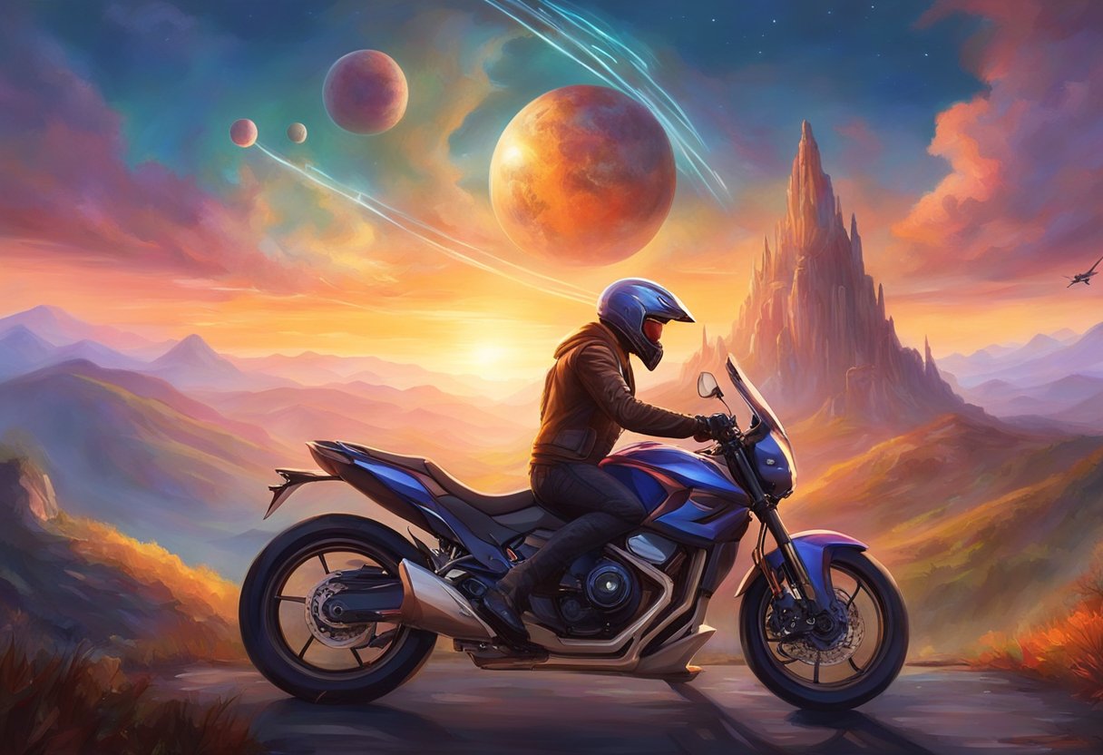 A motorcycle rider adjusts their helmet's Bluetooth settings using a smartphone, while parked in a scenic mountain overlook