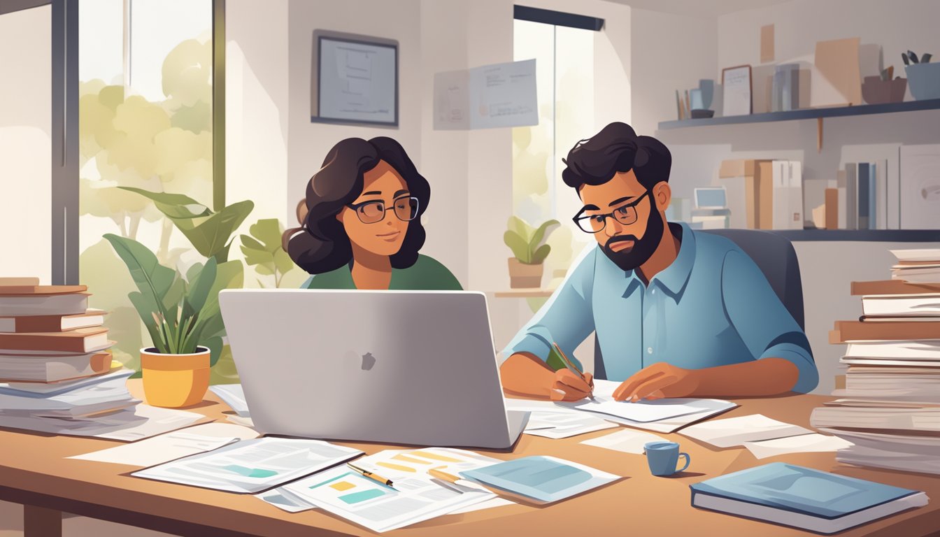 A parent comparing hourly rates for home tuition, surrounded by papers and a laptop, making a decision for their child