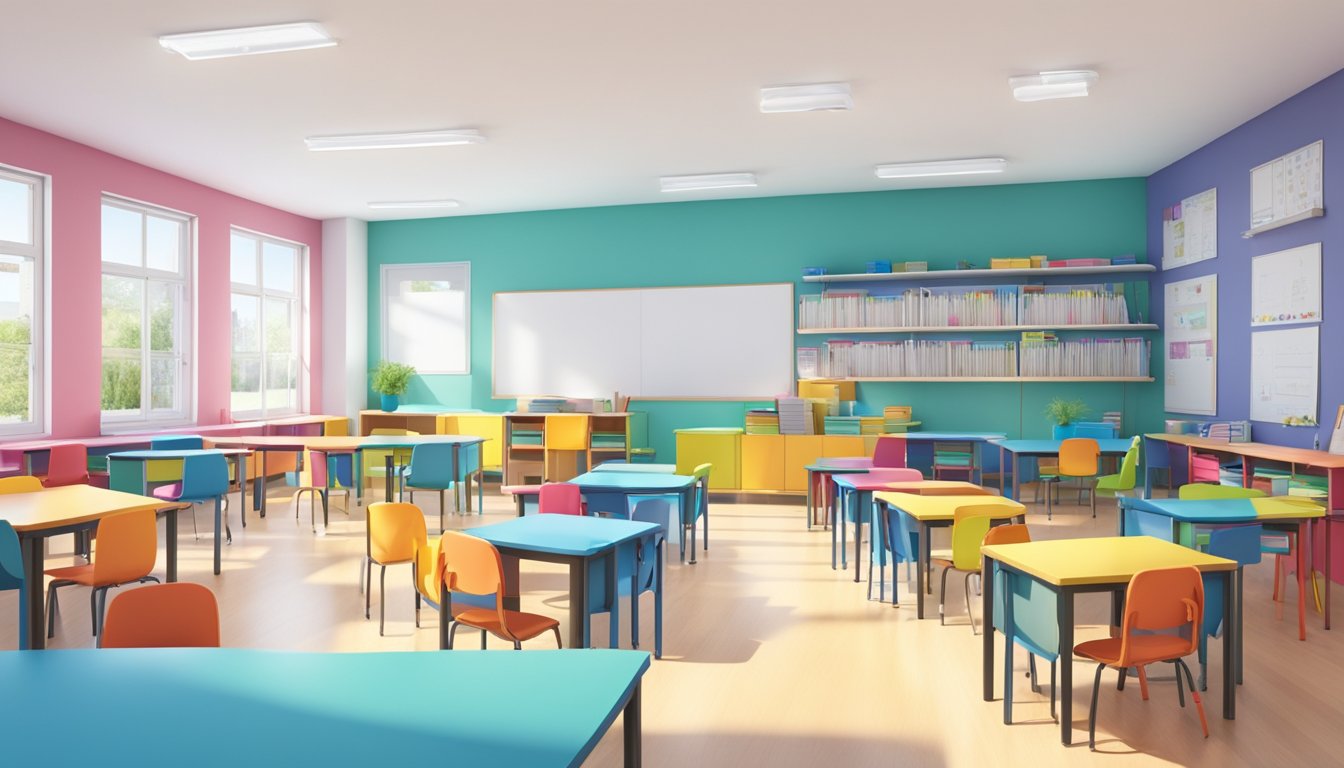 A bright, spacious modular tuition centre with colorful desks and chairs arranged in small groups. Whiteboards and educational posters line the walls, creating a stimulating learning environment