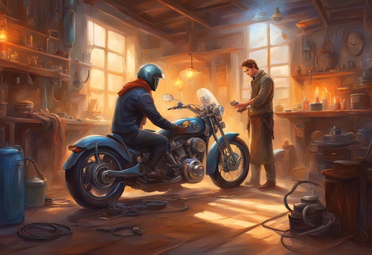 A motorcycle with an electric seat warmer being repaired or replaced by a professional technician in a well-lit workshop