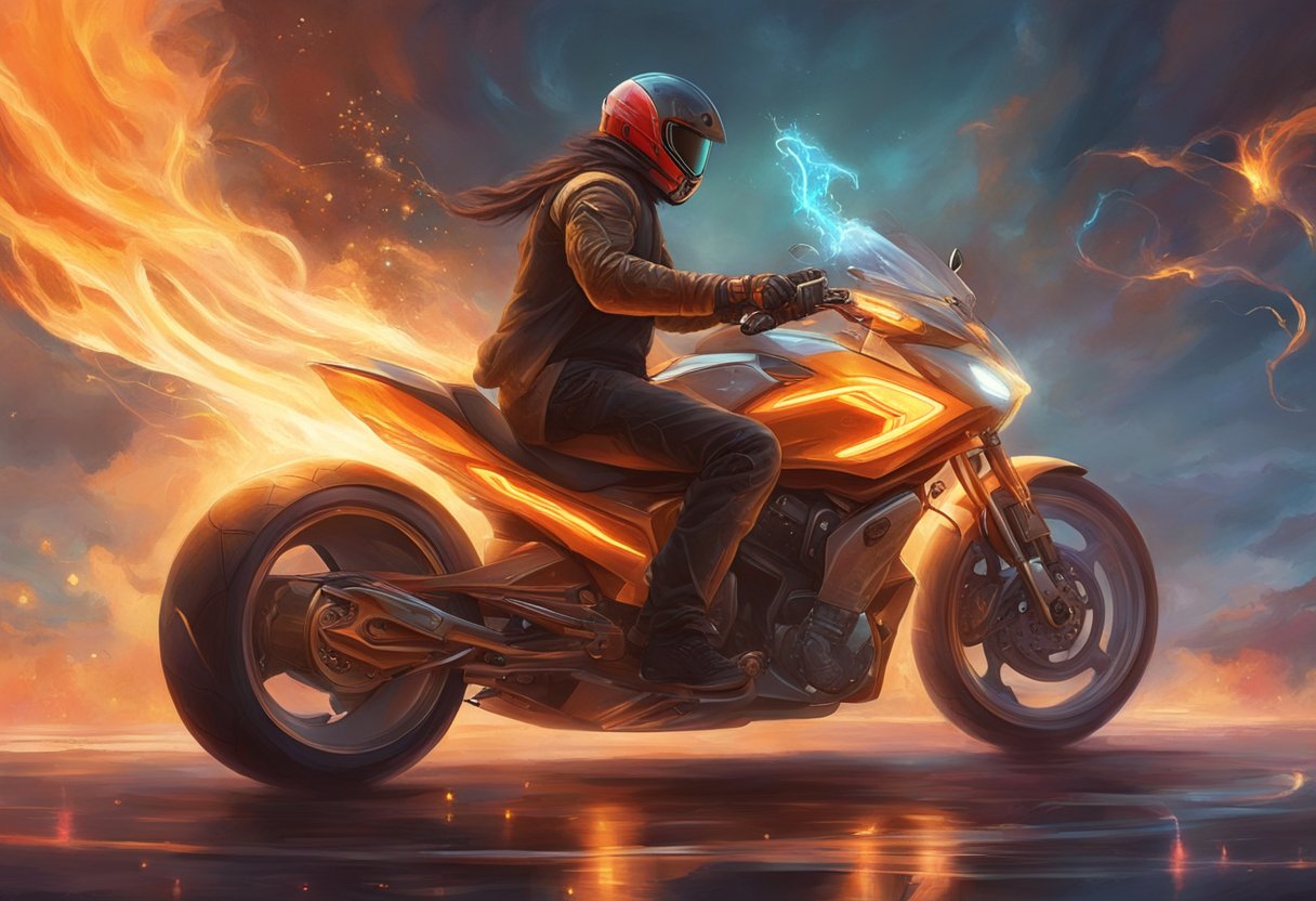 A motorcycle with an electric seat warmer malfunctioning, emitting smoke and sparks, while the rider looks puzzled