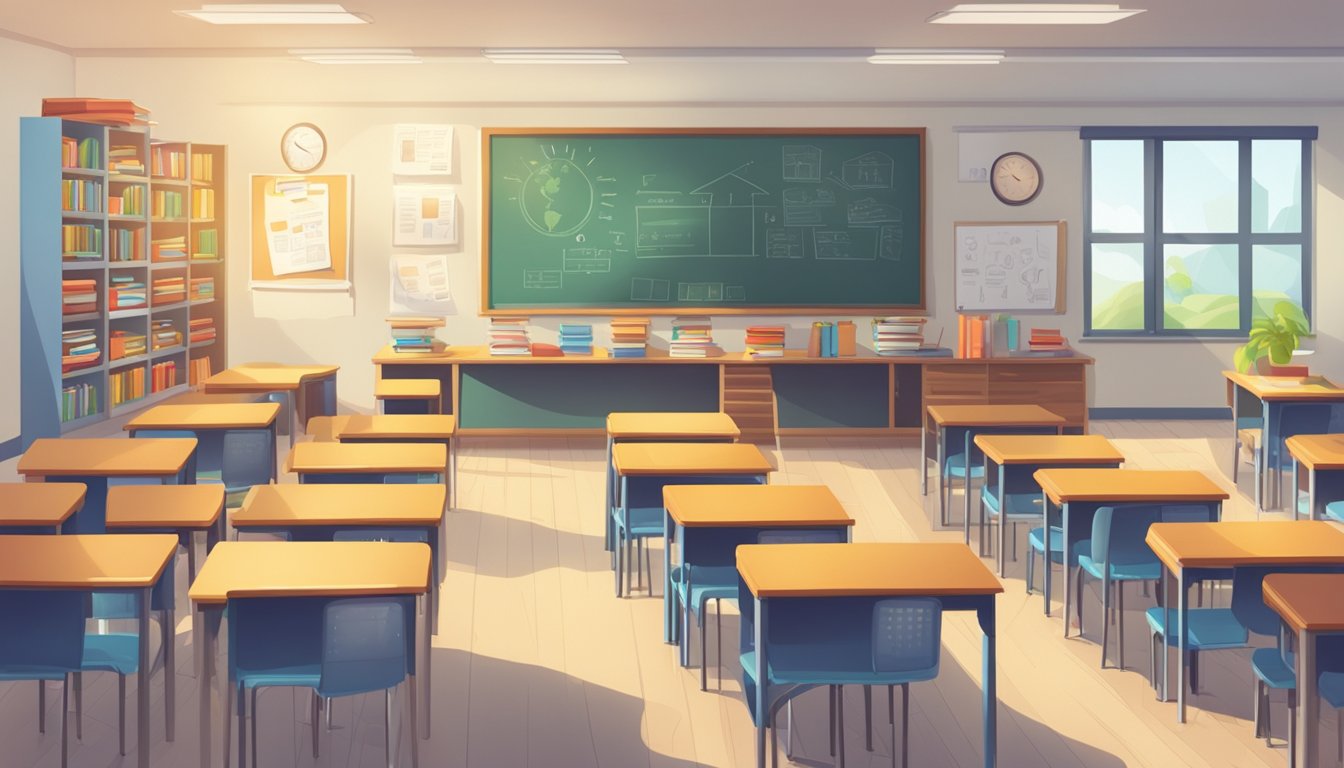 A brightly lit classroom with desks arranged in a circle, a whiteboard at the front, and shelves filled with textbooks and educational materials