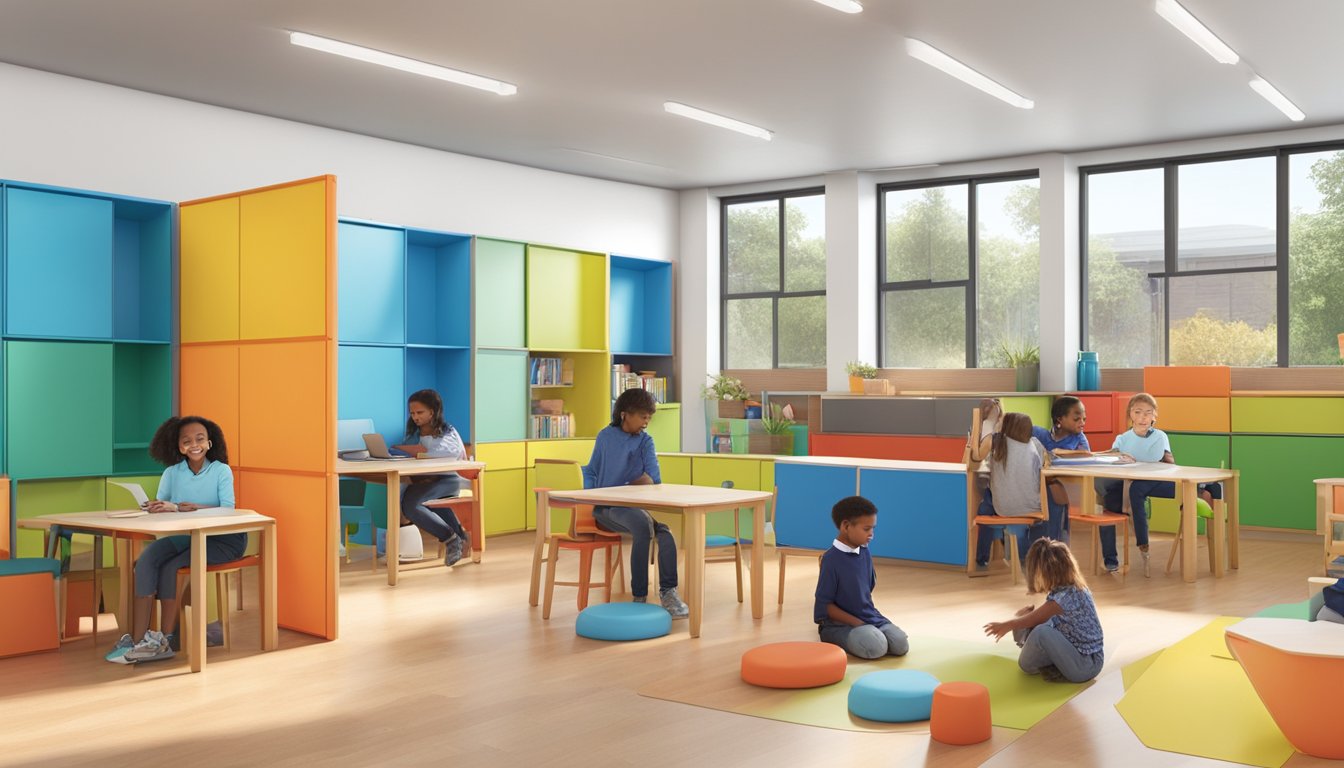Students engage in interactive learning at Enrichment Through Modular Education. Brightly colored modular units form a dynamic and engaging space for education