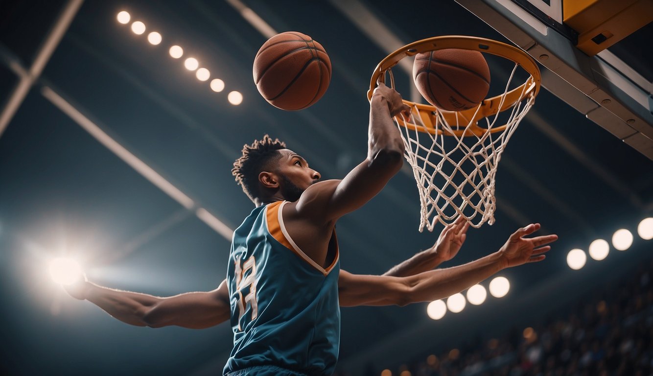 A basketball flying towards the hoop, guided by a player's focused gaze and outstretched arms