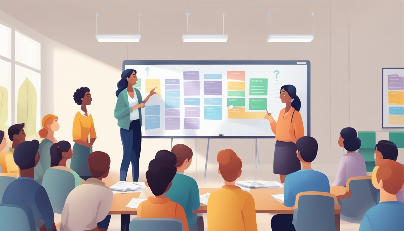 Students gather around a sign for the "Frequently Asked Questions" modular tuition centre, with a teacher pointing to a whiteboard filled with information