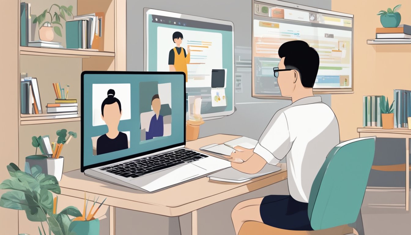 A teacher delivers online Chinese tuition to a student in Singapore. The virtual classroom is filled with language learning materials and a computer screen displaying the lesson