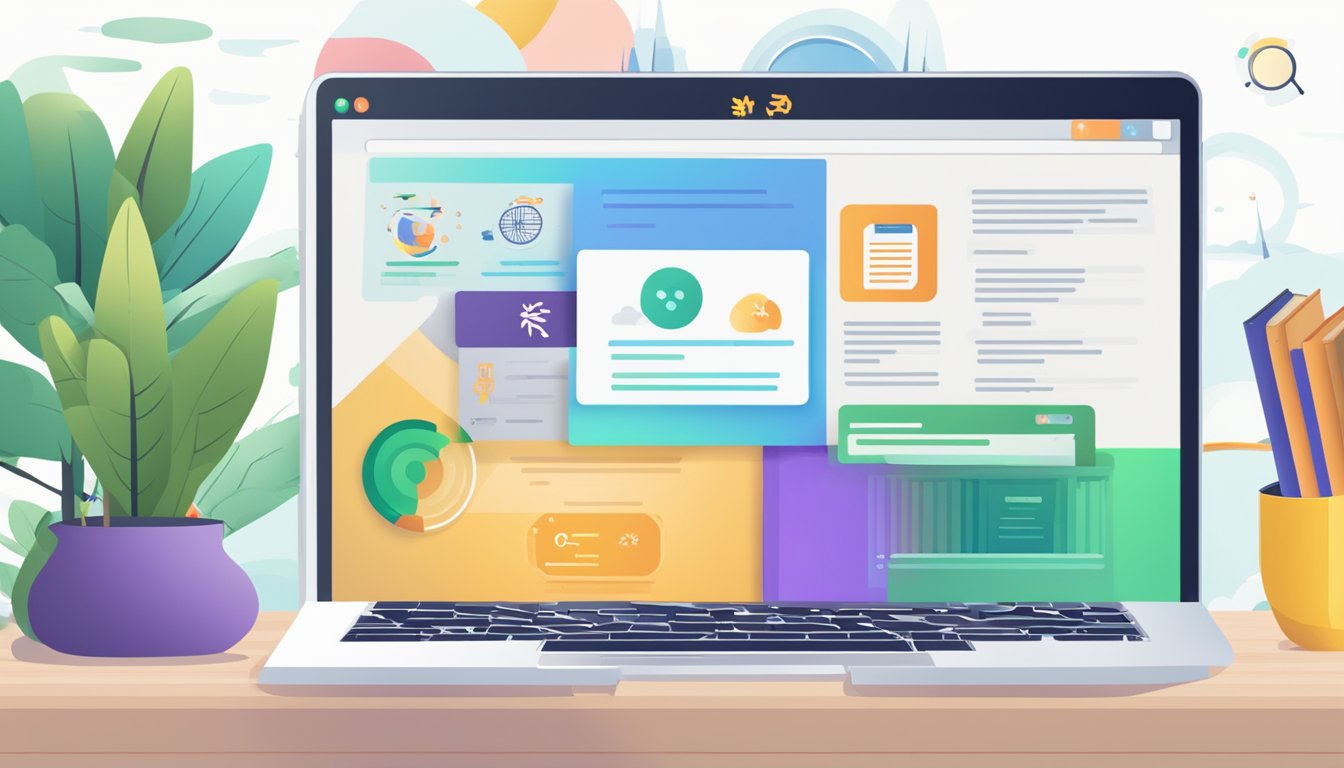 A laptop displaying a website for online Chinese tuition in Singapore, with a colorful and engaging interface, surrounded by books and study materials