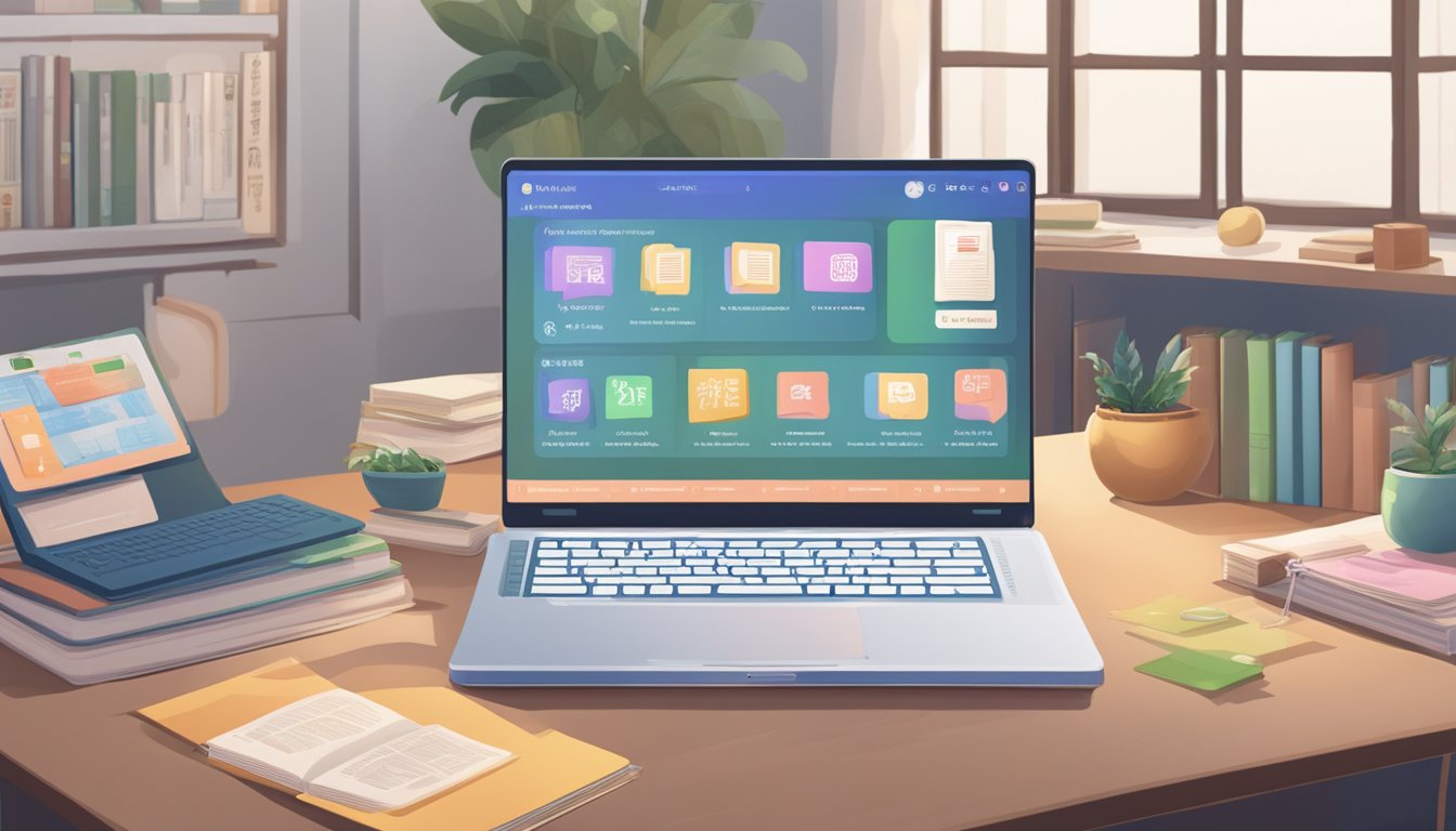 A laptop displaying a Chinese language learning platform, with interactive exercises and a virtual tutor, surrounded by Chinese language textbooks and study materials