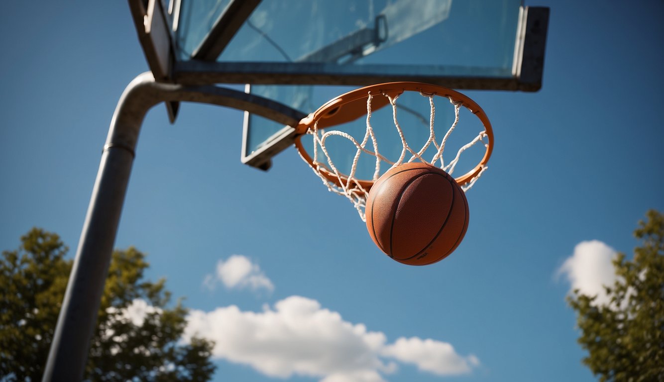 A basketball suspended in mid-air, perfectly aligned with the hoop, demonstrating the ideal shooting stance and balance