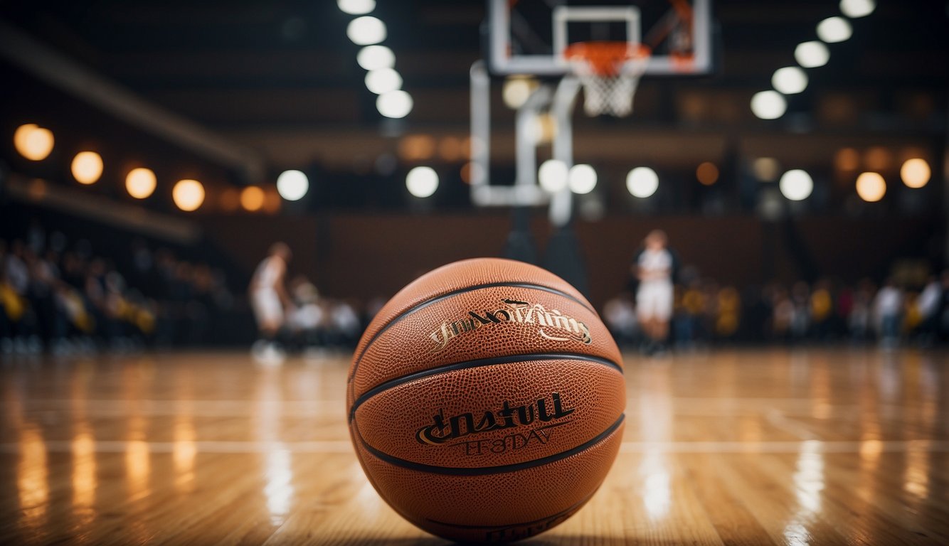 A basketball positioned in a player's hand, fingers spread, aiming towards the hoop