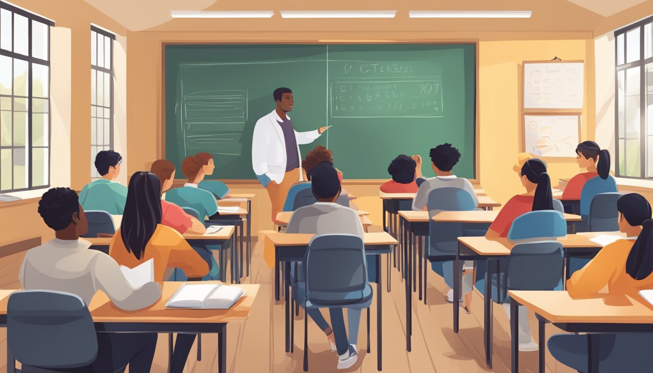 A student studying in a quiet room with a tutor, while another group of students sits in a classroom with a coach