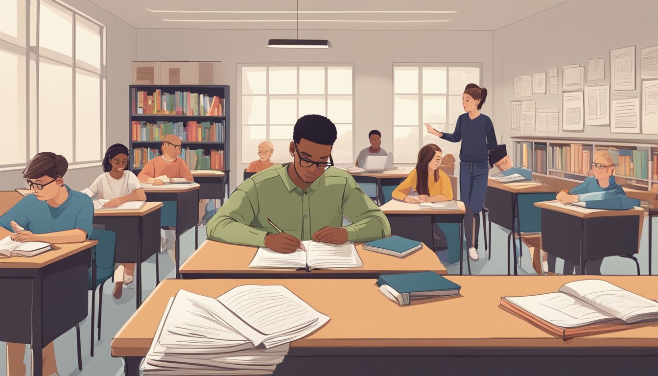 A student sits at a desk, surrounded by books and notes. On one side, a private tutor provides one-on-one instruction. On the other side, a group of students receives coaching in a classroom setting