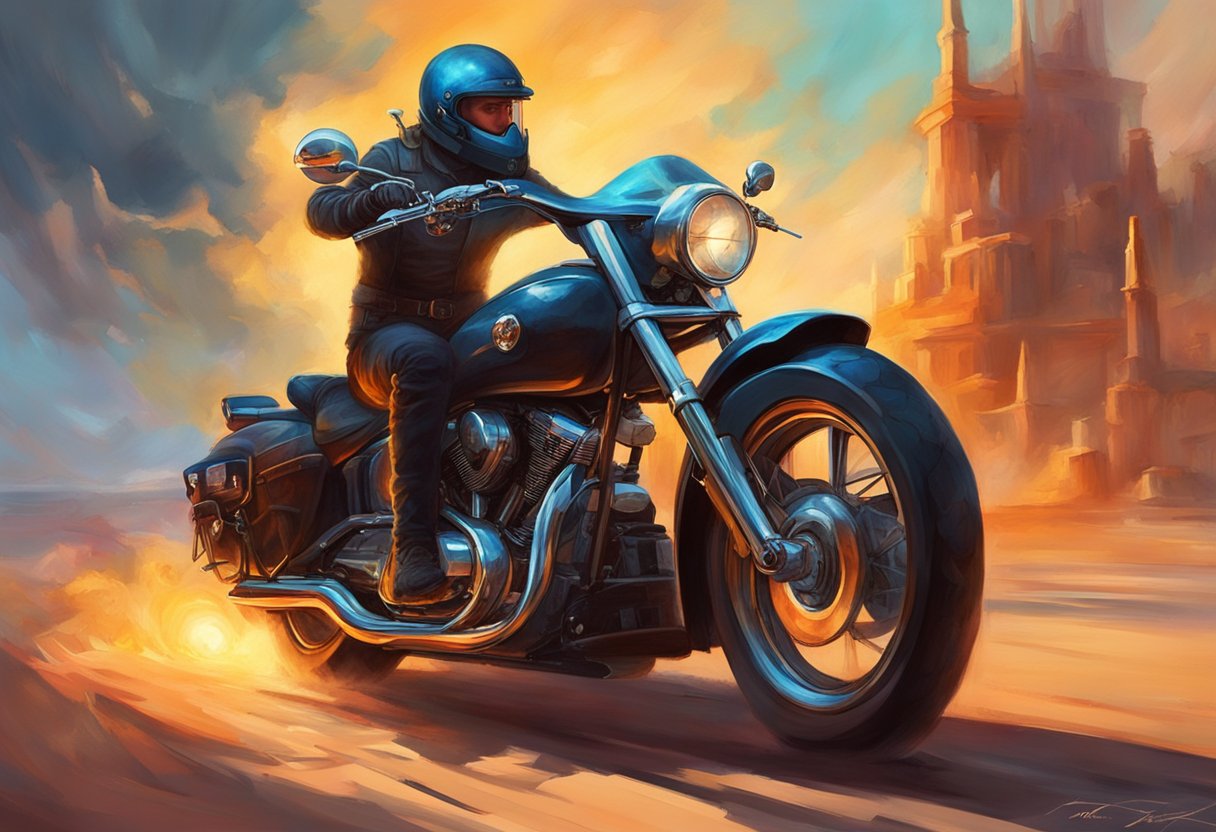 The motorcycle sits idle, emitting thick black smoke from its exhaust. The dashboard lights flicker erratically as the engine sputters and struggles to maintain a steady idle