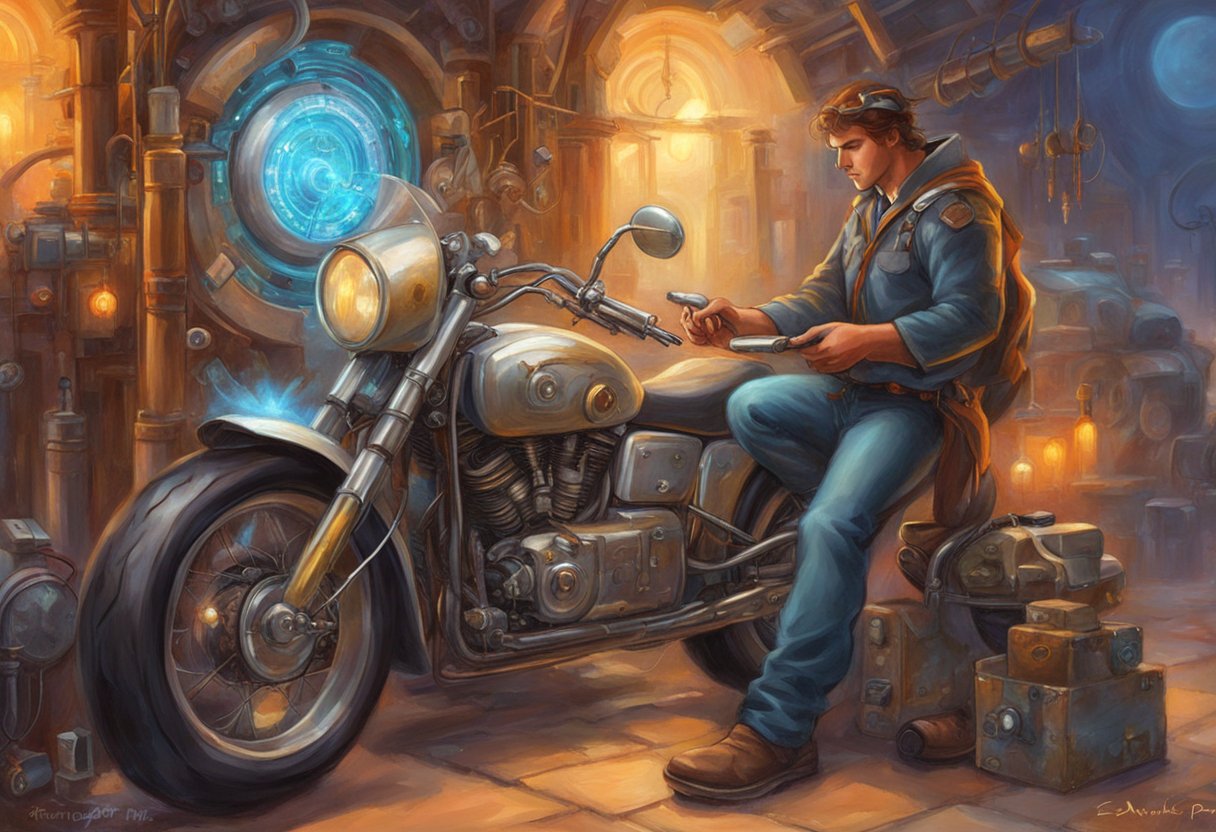 The mechanic inspects the newly installed electronic control unit on a motorcycle, using a multimeter to check for proper voltage and connections