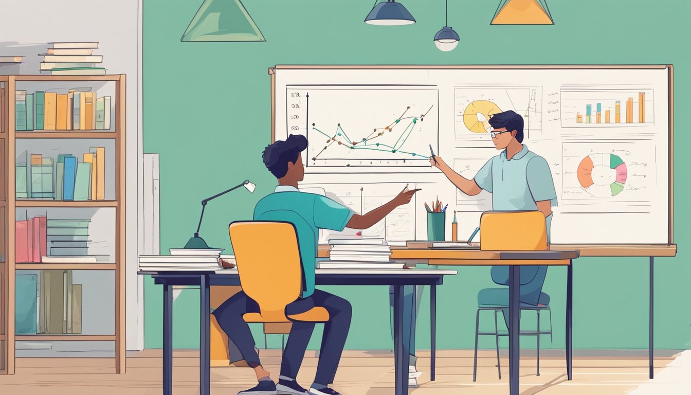 A student sits at a desk, surrounded by books and notes. A tutor stands nearby, pointing to a whiteboard with diagrams and equations