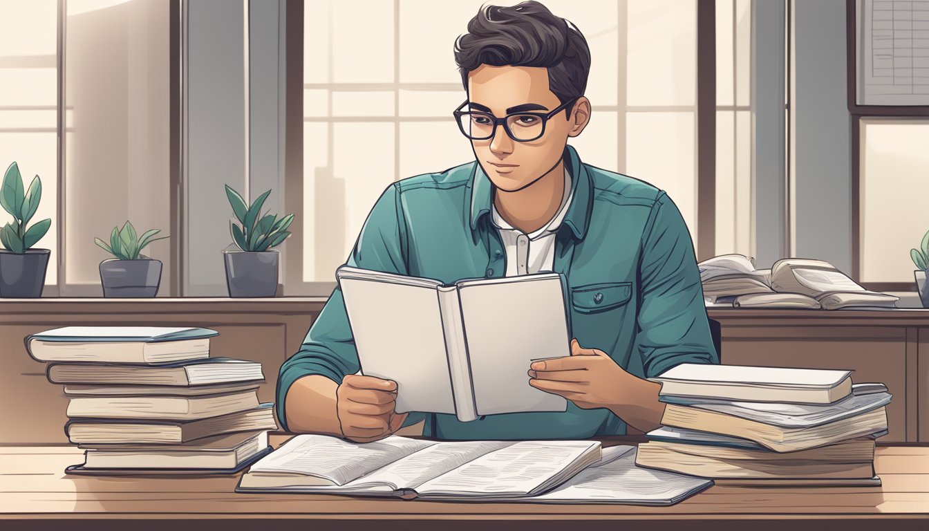 A student sitting at a desk, pondering between private tuition and coaching classes, with textbooks and notes spread out, while looking at a comparison chart on a tablet