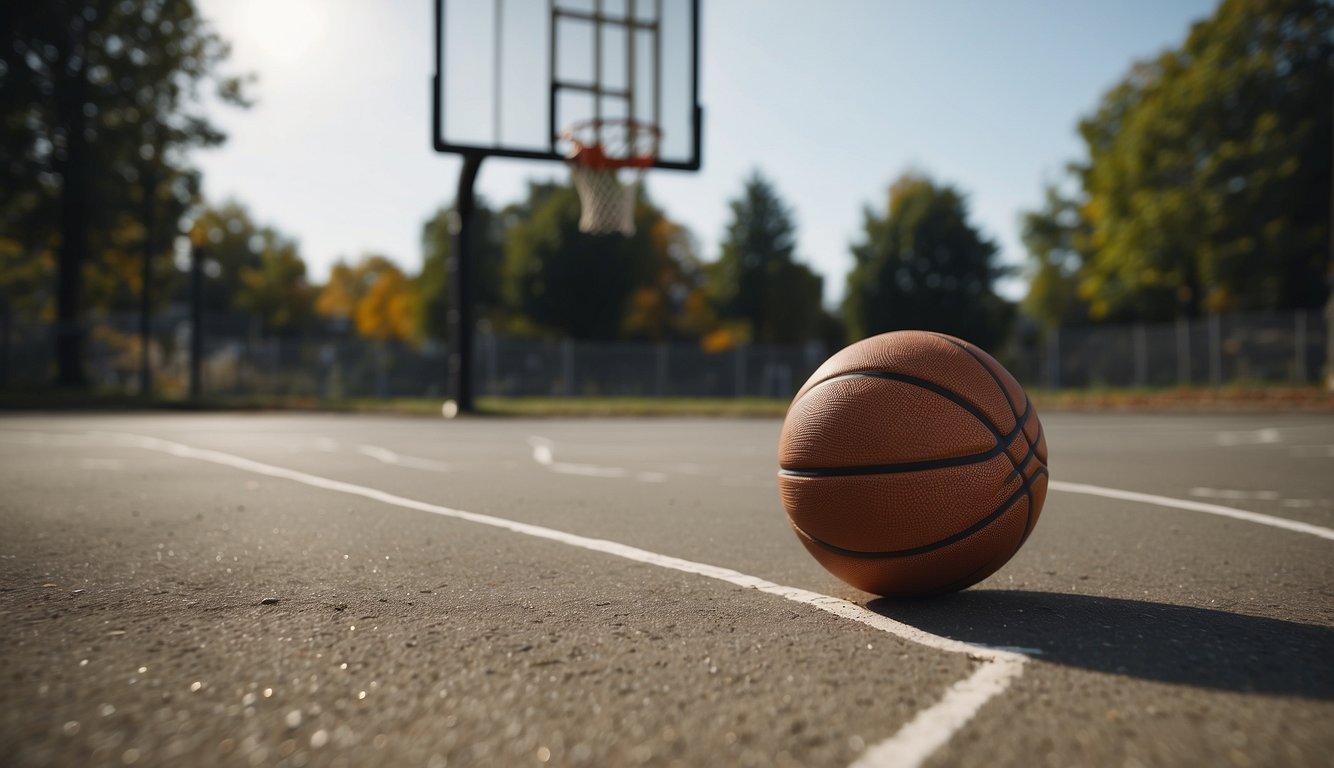 A basketball sits on the ground, a line marks the shooting spot. A player's gaze is fixed on the hoop, their body poised for action