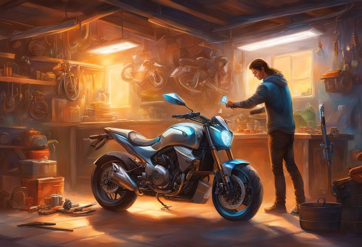 The motorcycle is parked in a well-lit garage. A person is seen installing LED lights on the motorcycle, using tools and following the instructions from an online guide