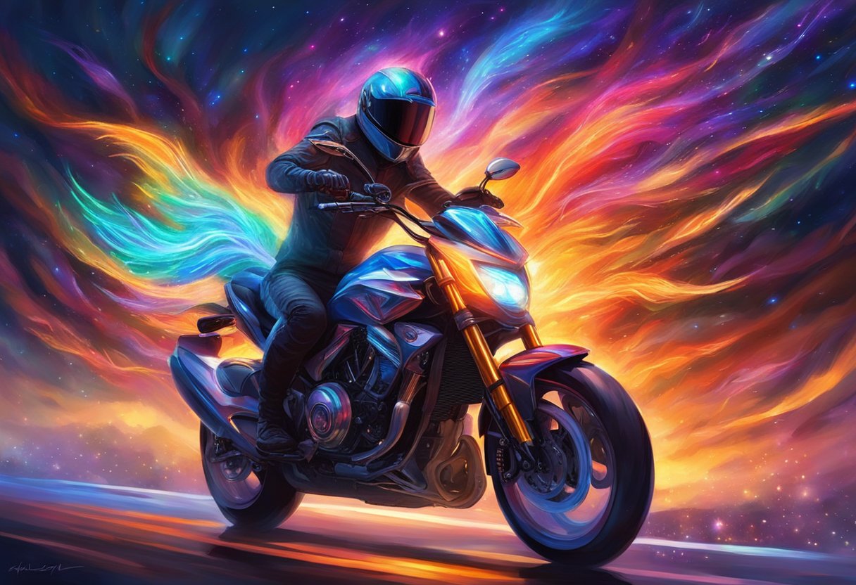 A motorcycle with installed LED lights, emitting a vibrant glow, zooming down a dark road at night, leaving a trail of colorful light behind