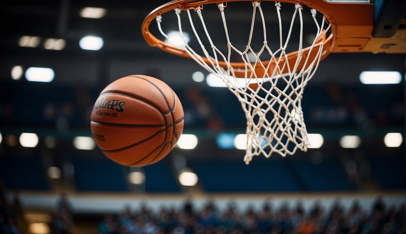 A basketball flying through the air toward the hoop, with a clear trajectory and focus on the target