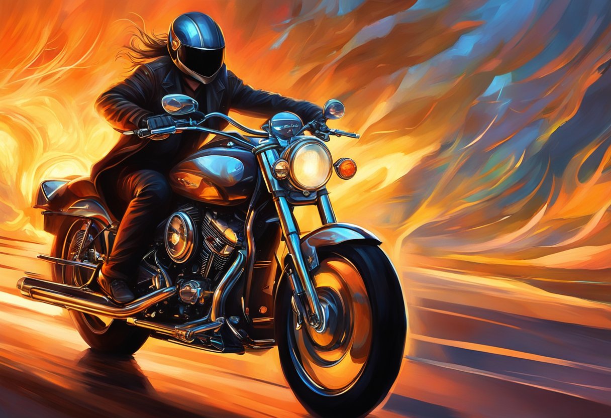The motorcycle dashboard flickers as the engine revs, casting a dim glow on the speedometer and warning lights. The flickering intensifies with each acceleration, creating a sense of urgency and potential danger