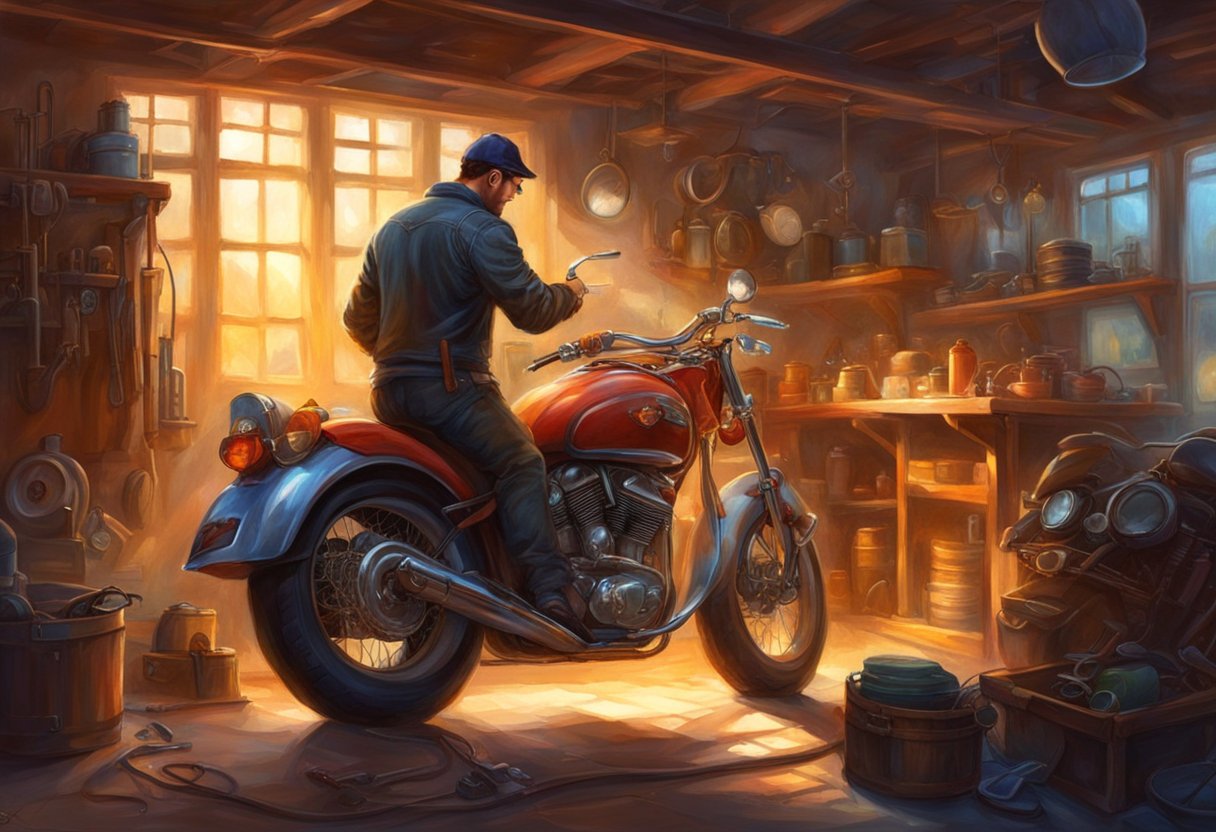 The motorcycle is parked in a well-lit garage. A mechanic is inspecting the dashboard, checking for any flickering lights. Tools and maintenance equipment are neatly organized nearby