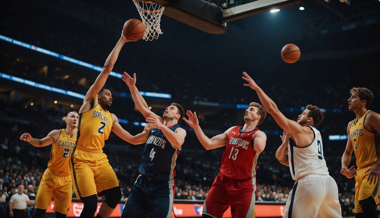 Players compete on a court, aiming to score points by shooting the ball into the opposing team's hoop. The team with the most points at the end of the game advances in the playoffs