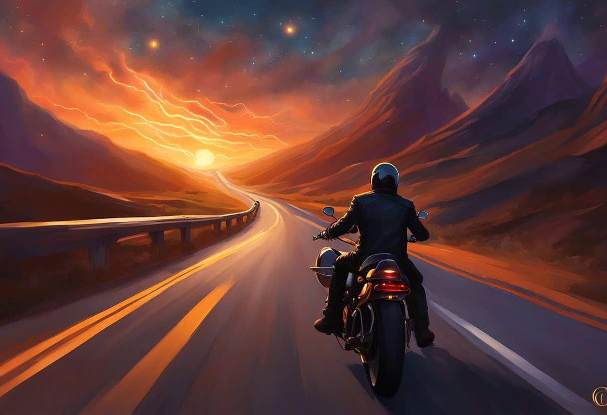 The motorcycle dashboard flickers as the rider navigates through a dark, winding road. The dim light creates an eerie atmosphere, highlighting potential electrical issues