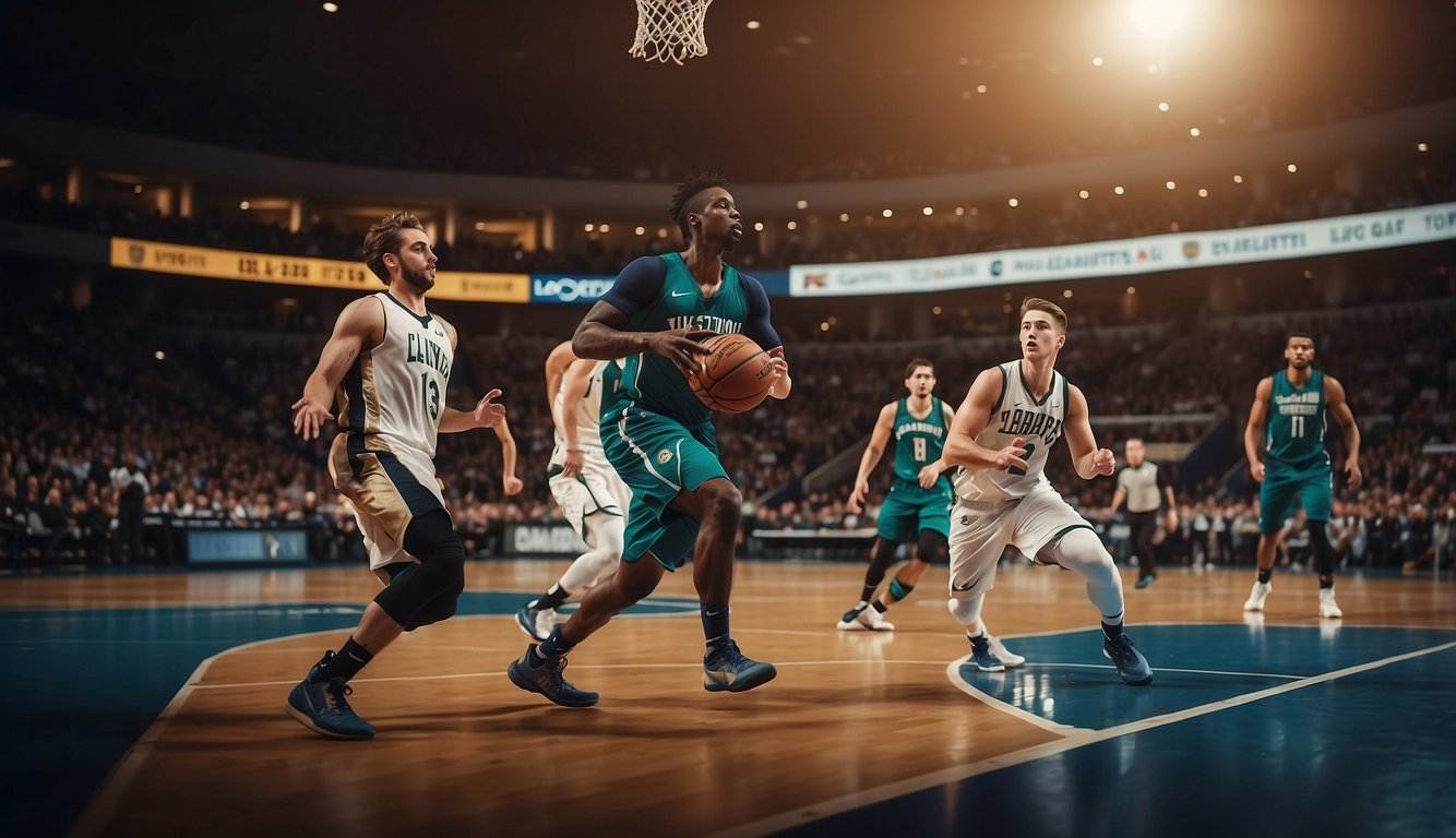 Players compete on a court, aiming to score points. The playoffs follow a bracket system, with teams advancing or being eliminated based on their performance