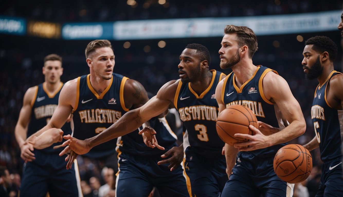 Players strategize, passing and shooting to win basketball playoffs. Fast-paced game, intense defense, and teamwork lead to victory