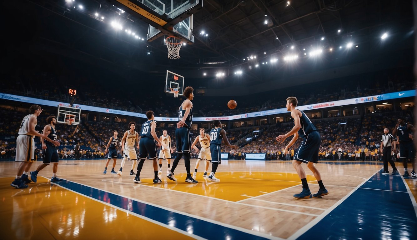 Players dribble, pass, and shoot on a basketball court. Fans cheer and wave signs. Referees blow their whistles. The scoreboard shows the score